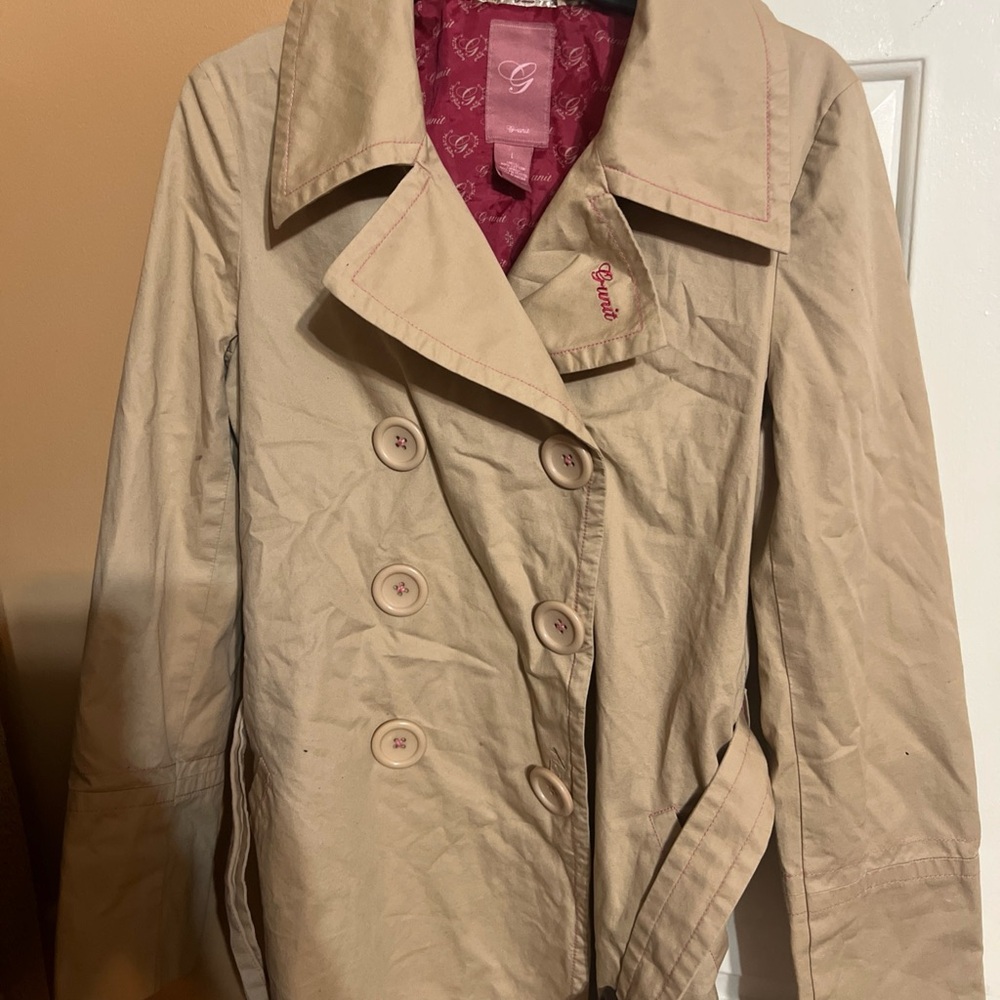 Beige Double-Breasted Trench Coat with Pink Lining